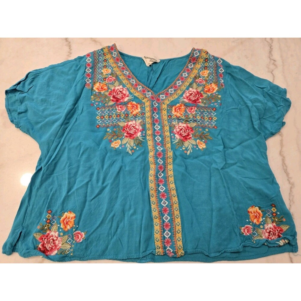 Savanna Jane 2XL Turquoise Embroidered Floral Dolman Top Boho Breezy Boxy